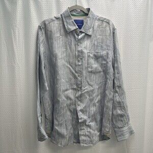 Tommy Bahama Men’s 100% Linen Blue Stripe Button Front Shirt Large
